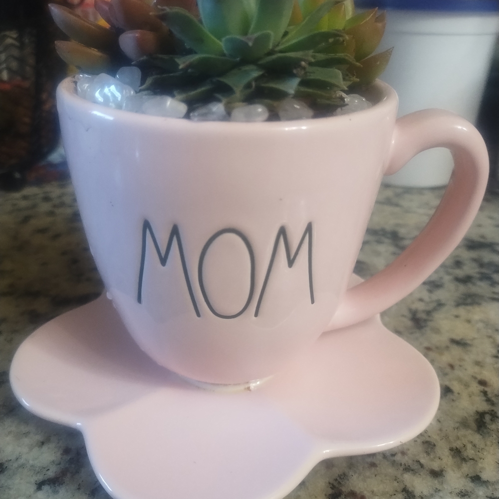 Rae Dunn Pink Ceramic MOM Mug with Saucer